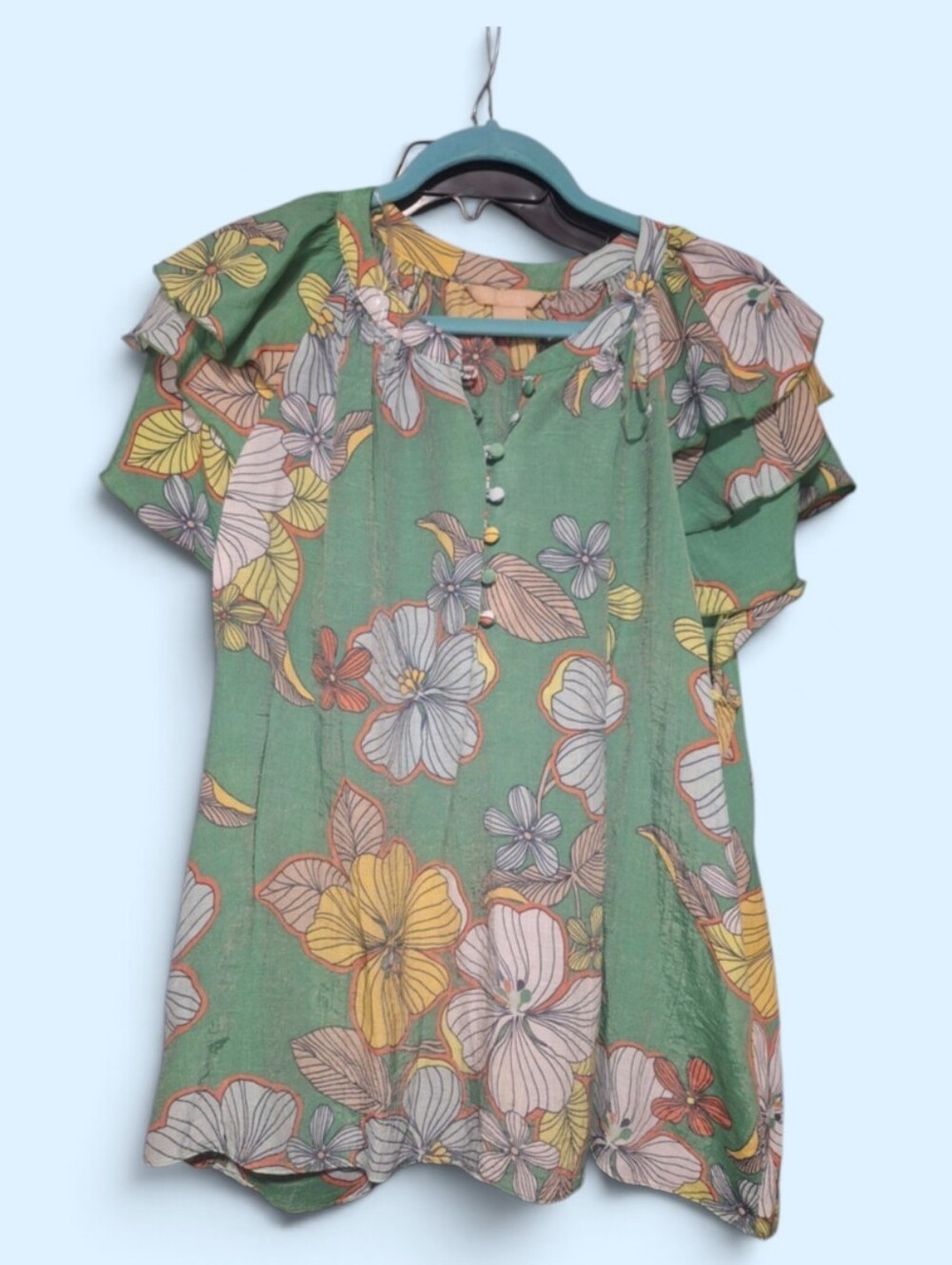 Green Floral Ruffle-Sleeve Blouse
